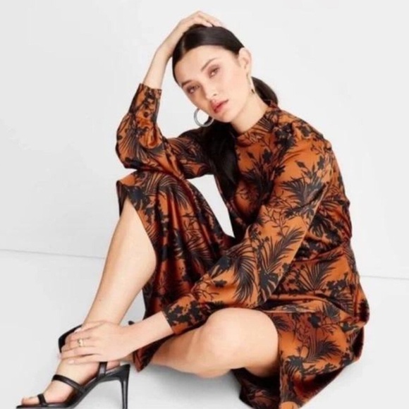 Future Collective Brown Black Floral Button Mock Neck Asymmetrical Midi Dress S - Picture 1 of 9